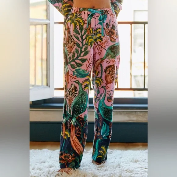 Raphael Balme for Anthropologie Peacock Flannel Sleep Pink Pants Size S - Picture 8 of 12